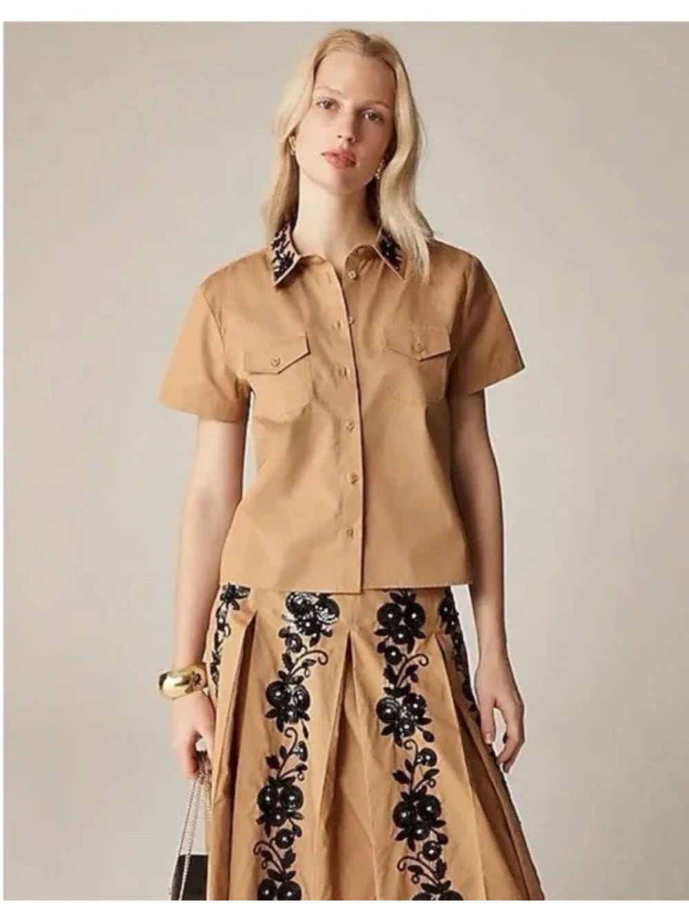 NWT J. Crew Collection Tan Short-Sleeve Beaded Collar Button Down Shirt 2